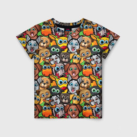 Детская футболка 3D с принтом Веселые собачки в Кировске, 100% гипоаллергенный полиэфир | прямой крой, круглый вырез горловины, длина до линии бедер, чуть спущенное плечо, ткань немного тянется | бульдог | голубые глаза | доберман | животные | жирафы | котики | милые | олени | разноцветные | собаки | хаски | яркие