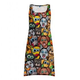 Платье-майка 3D с принтом Веселые собачки в Кировске, 100% полиэстер | полуприлегающий силуэт, широкие бретели, круглый вырез горловины, удлиненный подол сзади. | бульдог | голубые глаза | доберман | животные | жирафы | котики | милые | олени | разноцветные | собаки | хаски | яркие