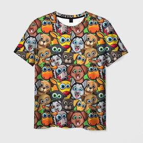 Мужская футболка 3D с принтом Веселые собачки в Кировске, 100% полиэфир | прямой крой, круглый вырез горловины, длина до линии бедер | бульдог | голубые глаза | доберман | животные | жирафы | котики | милые | олени | разноцветные | собаки | хаски | яркие