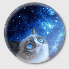 Значок с принтом Сердитый кот в космосе в Кировске,  металл | круглая форма, металлическая застежка в виде булавки | grumpy cat | космос | кот | кот в космосе | кот мем | кошка | кошка мем | мем кот | сердитый кот | синий кот