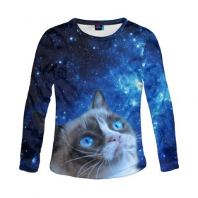 Женский лонгслив 3D с принтом Сердитый кот в космосе в Кировске, 100% полиэстер | длинные рукава, круглый вырез горловины, полуприлегающий силуэт | grumpy cat | космос | кот | кот в космосе | кот мем | кошка | кошка мем | мем кот | сердитый кот | синий кот