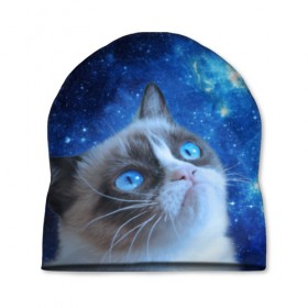 Шапка 3D с принтом Сердитый кот в космосе в Кировске, 100% полиэстер | универсальный размер, печать по всей поверхности изделия | grumpy cat | космос | кот | кот в космосе | кот мем | кошка | кошка мем | мем кот | сердитый кот | синий кот