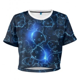 Женская футболка 3D укороченная с принтом Ghosty в Кировске, 100% полиэстер | круглая горловина, длина футболки до линии талии, рукава с отворотами | абстракция | аниме | белый | кавай | каспер | милота | приведение | приведенька | призрак | свет | синий