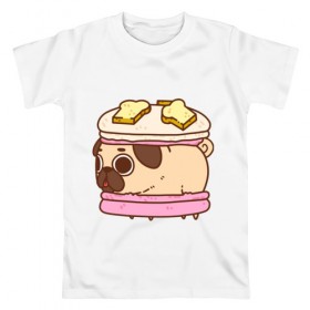 Мужская футболка хлопок с принтом Мопс Пироженко в Кировске, 100% хлопок | прямой крой, круглый вырез горловины, длина до линии бедер, слегка спущенное плечо. | fastfood | junkfood | pug | еда | макарун | мопс | пирожное | пончик | сладость | собака | фастфуд