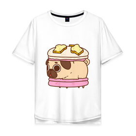 Мужская футболка хлопок Oversize с принтом Мопс Пироженко в Кировске, 100% хлопок | свободный крой, круглый ворот, “спинка” длиннее передней части | fastfood | junkfood | pug | еда | макарун | мопс | пирожное | пончик | сладость | собака | фастфуд