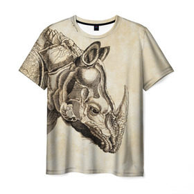 Мужская футболка 3D с принтом Носорог (гравюра Дюрера) в Кировске, 100% полиэфир | прямой крой, круглый вырез горловины, длина до линии бедер | rhinoceros | гравюра | индия | латы | млекопитающий | непарнокопытный | рог | холст | чешуя