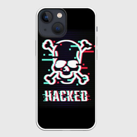 Чехол для iPhone 13 mini с принтом Pirate sign в Кировске,  |  | Тематика изображения на принте: attack | bones | glitch | hacked | hacker | pirate | sign | skull | symbol | text | warning | атака | взломанный | глюк | знак | кости | пиратский | предупреждение | символ | текст | хакер | череп