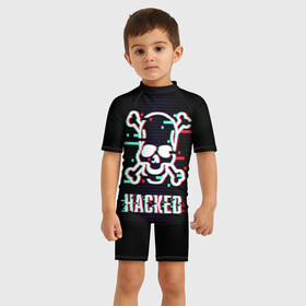 Детский купальный костюм 3D с принтом Pirate sign в Кировске, Полиэстер 85%, Спандекс 15% | застежка на молнии на спине | attack | bones | glitch | hacked | hacker | pirate | sign | skull | symbol | text | warning | атака | взломанный | глюк | знак | кости | пиратский | предупреждение | символ | текст | хакер | череп