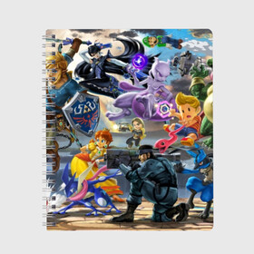 Тетрадь с принтом Super Smash Bros ultimate в Кировске, 100% бумага | 48 листов, плотность листов — 60 г/м2, плотность картонной обложки — 250 г/м2. Листы скреплены сбоку удобной пружинной спиралью. Уголки страниц и обложки скругленные. Цвет линий — светло-серый
 | Тематика изображения на принте: game | mario | nintendo | nintendo all star | pikachu | pokemon | super smash bros | ultimate | джиглипафф | донки конг | зельда | игры | линк | марио | нинтендо | пикачу | покемоны | эш