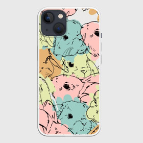 Чехол для iPhone 13 с принтом Акварельные Зайки в Кировске,  |  | зая | заяц | кисти | кляксы | краски | кролик | мазки | милый | мимими | пушистый | пятна | рисунок | цветной | ценный мех