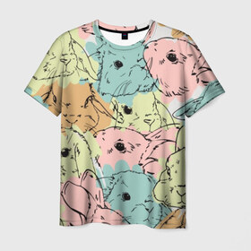 Мужская футболка 3D с принтом Акварельные Зайки в Кировске, 100% полиэфир | прямой крой, круглый вырез горловины, длина до линии бедер | зая | заяц | кисти | кляксы | краски | кролик | мазки | милый | мимими | пушистый | пятна | рисунок | цветной | ценный мех