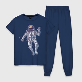 Женская пижама хлопок с принтом Космонавт BIGSPACE в Кировске, 100% хлопок | брюки и футболка прямого кроя, без карманов, на брюках мягкая резинка на поясе и по низу штанин | без фона | космонавт | космос