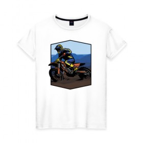 Женская футболка хлопок с принтом Мотоклист в Кировске, 100% хлопок | прямой крой, круглый вырез горловины, длина до линии бедер, слегка спущенное плечо | moto | байк | байкер | мото | мото спорт | мотоспорт | мотоцикл | мотоциклист