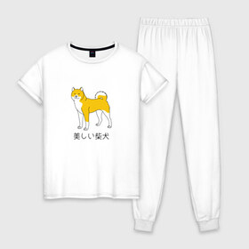 Женская пижама хлопок с принтом Shiba Dog в Кировске, 100% хлопок | брюки и футболка прямого кроя, без карманов, на брюках мягкая резинка на поясе и по низу штанин | doge | иероглифы | китай | китайский | пес | сиба ину дож | собака | япония | японский