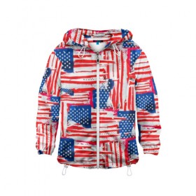 Детская ветровка 3D с принтом Флаг США Американский стиль в Кировске, 100% полиэстер | подол и капюшон оформлены резинкой с фиксаторами, по бокам два кармана без застежек, один потайной карман на груди | 