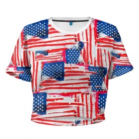 Женская футболка 3D укороченная с принтом Флаг США Американский стиль в Кировске, 100% полиэстер | круглая горловина, длина футболки до линии талии, рукава с отворотами | Тематика изображения на принте: 