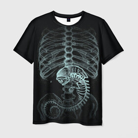 Мужская футболка 3D с принтом Чужой на Рентгене  в Кировске, 100% полиэфир | прямой крой, круглый вырез горловины, длина до линии бедер | Тематика изображения на принте: alien | больница | больной | внутренний мир | врач | клиника | кости | пациент | ребра | рентген | скелет | снимок | хищник