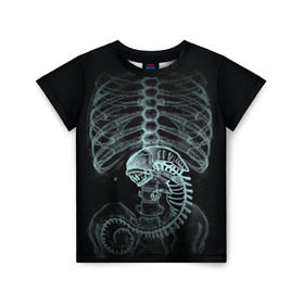 Детская футболка 3D с принтом Чужой на Рентгене в Кировске, 100% гипоаллергенный полиэфир | прямой крой, круглый вырез горловины, длина до линии бедер, чуть спущенное плечо, ткань немного тянется | alien | больница | больной | внутренний мир | врач | клиника | кости | пациент | ребра | рентген | скелет | снимок | хищник