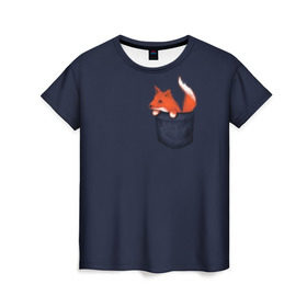 Женская футболка 3D с принтом Лисенок в Кармашке в Кировске, 100% полиэфир ( синтетическое хлопкоподобное полотно) | прямой крой, круглый вырез горловины, длина до линии бедер | animal | fox | детский | карман | лапочка | лиса | милый | мимими | хороший