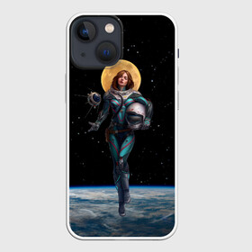 Чехол для iPhone 13 mini с принтом Девушка космонавт в Кировске,  |  | nasa | вселенная | девушка | звёзды | земля | космос | луна | наса | небо | нимб | планета | скафандр | спутник | ссср