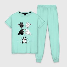 Женская пижама хлопок с принтом Панда превращение в Кировске, 100% хлопок | брюки и футболка прямого кроя, без карманов, на брюках мягкая резинка на поясе и по низу штанин | 