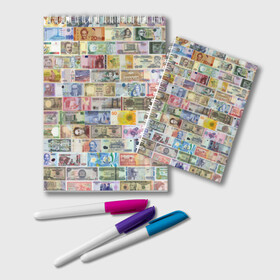 Блокнот с принтом Деньги мира в Кировске, 100% бумага | 48 листов, плотность листов — 60 г/м2, плотность картонной обложки — 250 г/м2. Листы скреплены удобной пружинной спиралью. Цвет линий — светло-серый
 | chf | eur | gbp | jpy | usd | баксы | банкноты | валюта | доллар | евро | купюры | паунд | рубль. | свисси | финансы | фунт стерлингов | швейцарский франк | японская йена