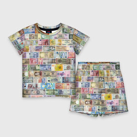 Детский костюм с шортами 3D с принтом Деньги мира в Кировске,  |  | Тематика изображения на принте: chf | eur | gbp | jpy | usd | баксы | банкноты | валюта | доллар | евро | купюры | паунд | рубль. | свисси | финансы | фунт стерлингов | швейцарский франк | японская йена