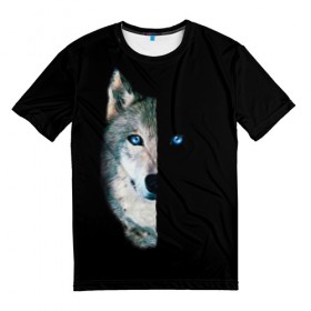 Мужская футболка 3D с принтом Волк в Кировске, 100% полиэфир | прямой крой, круглый вырез горловины, длина до линии бедер | animal | art | blue | day | head | muzzle | night | predator | view | wild | wolf | взгляд | волк | голова | день | дикий | животное | искусство | ночь | синий | хищник
