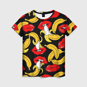 Женская футболка 3D с принтом Губы и бананы в Кировске, 100% полиэфир ( синтетическое хлопкоподобное полотно) | прямой крой, круглый вырез горловины, длина до линии бедер | background | bananas | black | drawing | erotic | food | fruit | lips | red | womens | бананы | губы | еда | женские | красные | рисунок | фон | фрукты | черный