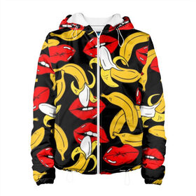 Женская куртка 3D с принтом Губы и бананы в Кировске, ткань верха — 100% полиэстер, подклад — флис | прямой крой, подол и капюшон оформлены резинкой с фиксаторами, два кармана без застежек по бокам, один большой потайной карман на груди. Карман на груди застегивается на липучку | background | bananas | black | drawing | erotic | food | fruit | lips | red | womens | бананы | губы | еда | женские | красные | рисунок | фон | фрукты | черный