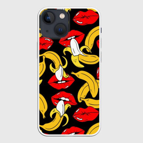 Чехол для iPhone 13 mini с принтом Губы и бананы в Кировске,  |  | background | bananas | black | drawing | erotic | food | fruit | lips | red | womens | бананы | губы | еда | женские | красные | рисунок | фон | фрукты | черный