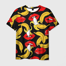 Мужская футболка 3D с принтом Губы и бананы в Кировске, 100% полиэфир | прямой крой, круглый вырез горловины, длина до линии бедер | background | bananas | black | drawing | erotic | food | fruit | lips | red | womens | бананы | губы | еда | женские | красные | рисунок | фон | фрукты | черный