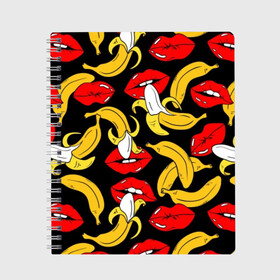 Тетрадь с принтом Губы и бананы в Кировске, 100% бумага | 48 листов, плотность листов — 60 г/м2, плотность картонной обложки — 250 г/м2. Листы скреплены сбоку удобной пружинной спиралью. Уголки страниц и обложки скругленные. Цвет линий — светло-серый
 | background | bananas | black | drawing | erotic | food | fruit | lips | red | womens | бананы | губы | еда | женские | красные | рисунок | фон | фрукты | черный