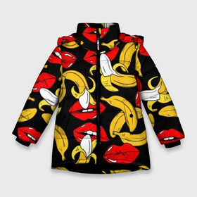 Зимняя куртка для девочек 3D с принтом Губы и бананы в Кировске, ткань верха — 100% полиэстер; подклад — 100% полиэстер, утеплитель — 100% полиэстер. | длина ниже бедра, удлиненная спинка, воротник стойка и отстегивающийся капюшон. Есть боковые карманы с листочкой на кнопках, утяжки по низу изделия и внутренний карман на молнии. 

Предусмотрены светоотражающий принт на спинке, радужный светоотражающий элемент на пуллере молнии и на резинке для утяжки. | background | bananas | black | drawing | erotic | food | fruit | lips | red | womens | бананы | губы | еда | женские | красные | рисунок | фон | фрукты | черный