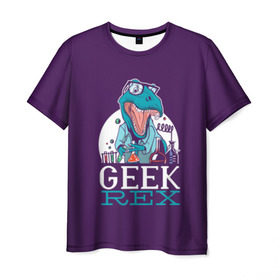 Мужская футболка 3D с принтом Geek Rex в Кировске, 100% полиэфир | прямой крой, круглый вырез горловины, длина до линии бедер | geek | rex | дино | динозавр | рекс | ученый | физик | физика | химик | химия