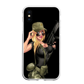 Чехол для iPhone XS Max матовый с принтом Sexy army girl в Кировске, Силикон | Область печати: задняя сторона чехла, без боковых панелей | Тематика изображения на принте: army | automatic | beautiful | big | black | blonde | body | camouflage | chest | cool | eyes | girl | holds | perfect | slim | uniform | weapon | автомат | армия | блондинка | большая | глаза | девушка | держит | идеальное | камуфляж | красивая