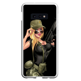 Чехол для Samsung S10E с принтом Sexy army girl в Кировске, Силикон | Область печати: задняя сторона чехла, без боковых панелей | army | automatic | beautiful | big | black | blonde | body | camouflage | chest | cool | eyes | girl | holds | perfect | slim | uniform | weapon | автомат | армия | блондинка | большая | глаза | девушка | держит | идеальное | камуфляж | красивая