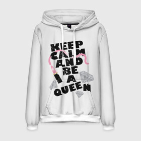 Мужская толстовка 3D с принтом Keep calm and be a queen в Кировске, 100% полиэстер | двухслойный капюшон со шнурком для регулировки, мягкие манжеты на рукавах и по низу толстовки, спереди карман-кенгуру с мягким внутренним слоем. | appeal | be | diamonds | faceted | font | inscription | keep calm | motto | pink | precious | princess | queen | slogan | stones | text | алмазы | блеск | бриллианты | будь | губн | девиз | драгоценные | камни | королева | лозунг | надпись | помада | приз