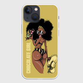 Чехол для iPhone 13 mini с принтом Chocolate girl в Кировске,  |  | Тематика изображения на принте: africa | african | beautiful | big | black | chocolate | cocktail | exotic | girl | hat | look | round | slim | sunny | turn | африка | большие | взгляд | девушка | держит | коктейль | красивая | круглы | купальник | надпись | очки | полосатый |