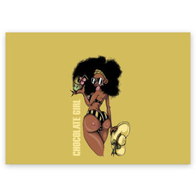 Поздравительная открытка с принтом Chocolate girl в Кировске, 100% бумага | плотность бумаги 280 г/м2, матовая, на обратной стороне линовка и место для марки
 | africa | african | beautiful | big | black | chocolate | cocktail | exotic | girl | hat | look | round | slim | sunny | turn | африка | большие | взгляд | девушка | держит | коктейль | красивая | круглы | купальник | надпись | очки | полосатый |