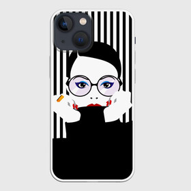 Чехол для iPhone 13 mini с принтом Fashion girl в Кировске,  |  | art | beautiful | black | black and white | bright | d | fashion | girl | gold | graphic | pop art | ring | round | woman | young | брюнетка | девушка | женщина | золото | искусство | кольцо | красивая | макияж | маникюр | мода | молодая | очки 