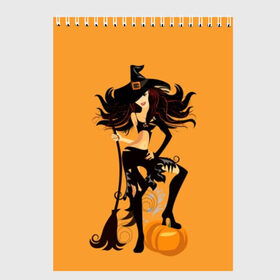 Скетчбук с принтом Ведьма с метлой в Кировске, 100% бумага
 | 48 листов, плотность листов — 100 г/м2, плотность картонной обложки — 250 г/м2. Листы скреплены сверху удобной пружинной спиралью | beautiful | black | broom | cute | girl | hair | halloween | hat | holds | holiday | long | pumpkin | shaggy | smile | stands | witch | young | ведьма | волосы | девушка | держит | длинные | красивая | метла | милая | молодая | праздник | тыква