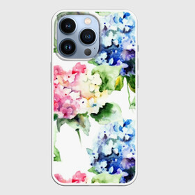 Чехол для iPhone 13 Pro с принтом Акварель, гортензии в Кировске,  |  | art | blue | bouquet | flora | flowers | hydrangea | indoor | leaves | lilac | nature | painting | petals | pink | watercolor | акварель | букет | гортензии | живопись | искусство | комнатные | лепестки | листья | природа | розовые | синий | сиреневые | ф