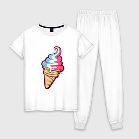 Женская пижама хлопок с принтом Ice Cream в Кировске, 100% хлопок | брюки и футболка прямого кроя, без карманов, на брюках мягкая резинка на поясе и по низу штанин | ice cream | мороженное | прикольный принт | принт футболка | рожок мороженного | футболка с принтом