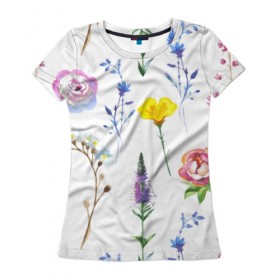 Женская футболка 3D с принтом Полевые цветы в Кировске, 100% полиэфир ( синтетическое хлопкоподобное полотно) | прямой крой, круглый вырез горловины, длина до линии бедер | акварель | мода | стиль | цветочки | цветы