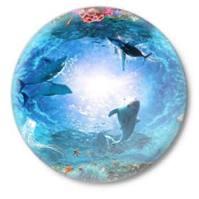 Значок с принтом Дельфины в Кировске,  металл | круглая форма, металлическая застежка в виде булавки | fish | аква | аквариум | вода | кораллы | море | океан | ракушки | рыбки | рыбы