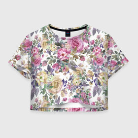 Женская футболка Cropp-top с принтом Розы в Кировске, 100% полиэстер | круглая горловина, длина футболки до линии талии, рукава с отворотами | розы