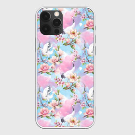 Чехол для iPhone 12 Pro Max с принтом Узор с журавлями в Кировске, Силикон |  | art | birds | blooming | buds | cherry | crane | flowers | fly | japanese | leaves | pattern | petals | pink | red headed | spring | watercolor | акварель | бутоны | весна | вишня | журавль | искусство | красноголовый | лепестки | летают | листья | м | пт