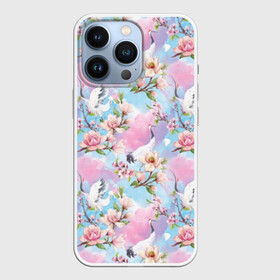 Чехол для iPhone 13 Pro с принтом Узор с журавлями в Кировске,  |  | art | birds | blooming | buds | cherry | crane | flowers | fly | japanese | leaves | pattern | petals | pink | red headed | spring | watercolor | акварель | бутоны | весна | вишня | журавль | искусство | красноголовый | лепестки | летают | листья | м | пт