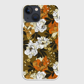 Чехол для iPhone 13 mini с принтом Пионы в Кировске,  |  | art | buds | flowers | garden | leaves | orange | pattern | peonies | petals | summer | watercolor | white | акварель | белые | бутоны | искусство | лепестки | лето | листья | оранжевые | пионы | садовые | узор | цветы